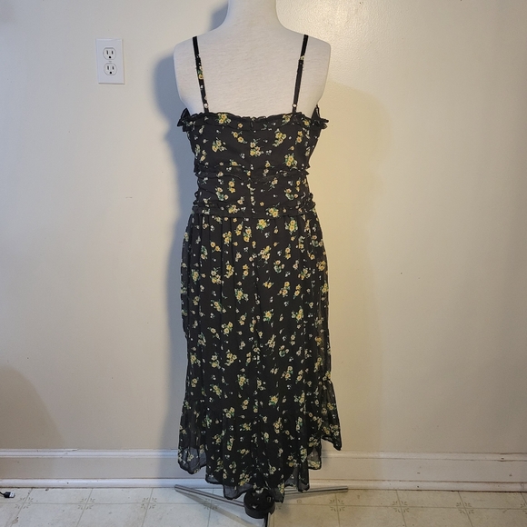 No Boundaries (Juniors L 11-13) Black Ditsy Floral Ruffle Midi Slip Sundress - Picture 4 of 9